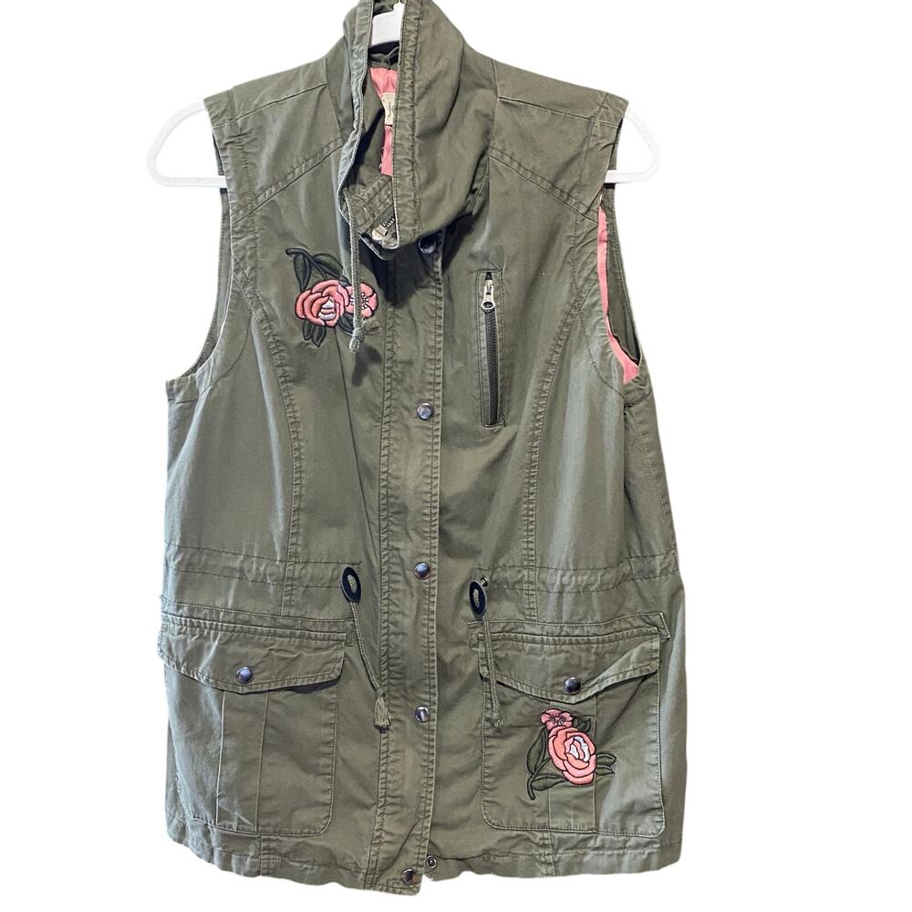 Green Sleeveless Jacket Vest Embroidered Flowers Full Zip Womens Size Large